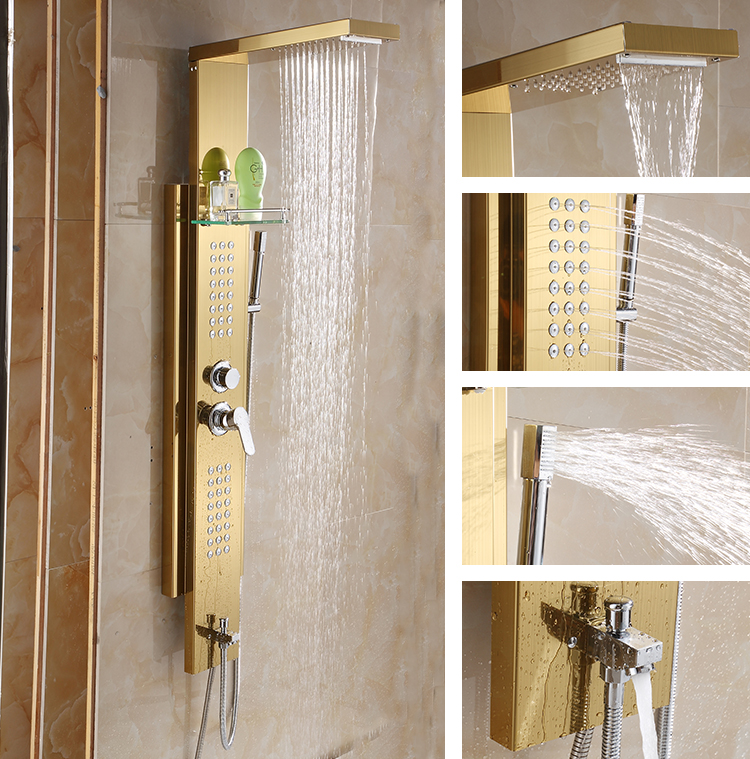 Gold Stainless Steel Rainfall Shower Panel Rain Massage System Thermostatic Faucet With Jets & Hand Shower